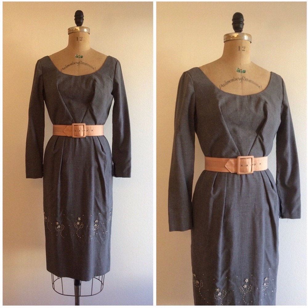 Vintage 1950s Gray Rhinestone Wiggle Party  Dress